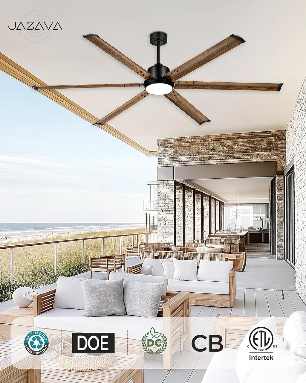 72 Inch Ceiling Fan with Light, Industrial Aluminum Blades, DC Motor 6 Speed Reversible,Covered Outdoor Patio Garage,Black & Walnut,CF06WD-72