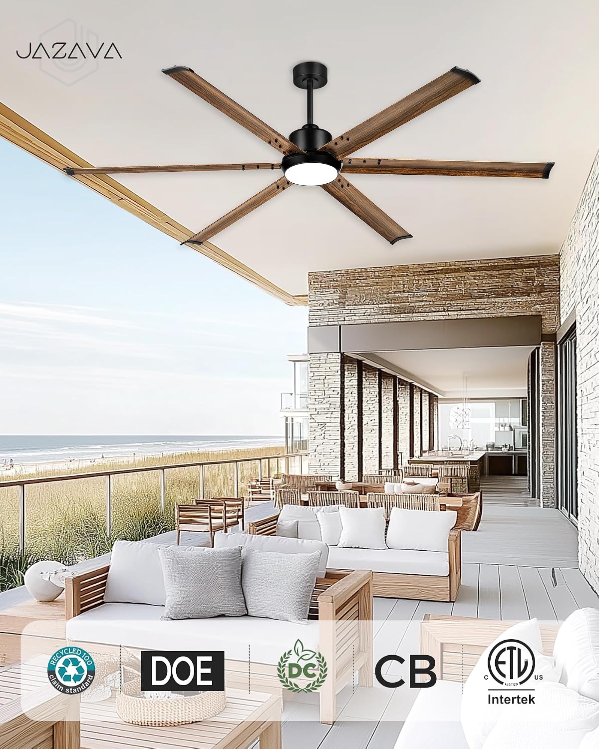 72 Inch Ceiling Fan with Light, Industrial Aluminum Blades, DC Motor 6 Speed Reversible,Covered Outdoor Patio Garage,Black & Walnut,CF06WD-72