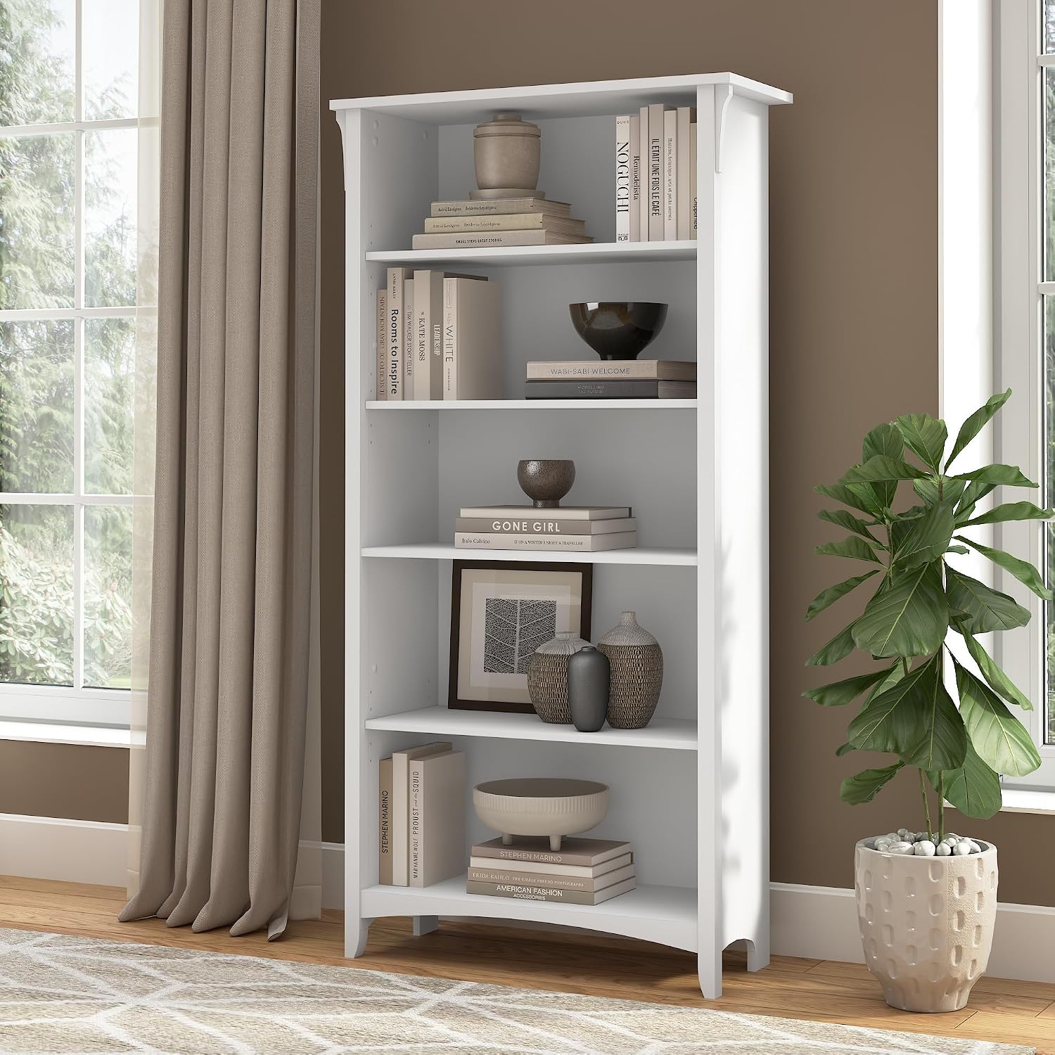 Bush Furniture Salinas 5 Shelf Bookcase in Pure White, Tall Bookshelf, Large Book Shelf for Living Room, Home Office, or Entryway