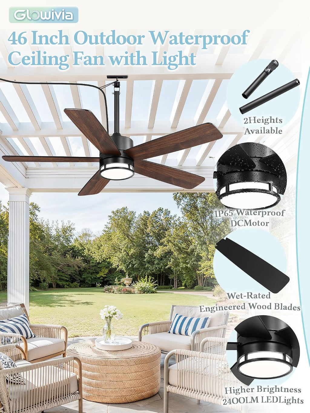46 Inch Outdoor Ceiling Fan with Lights, IP65 Waterproof, Smart APP Remote Control, Dimmable 3CCT LED, 6-Speed Quiet DC Motor, Plug in Hanging Fan with Cord for Patio Porch Gazebo (Black)