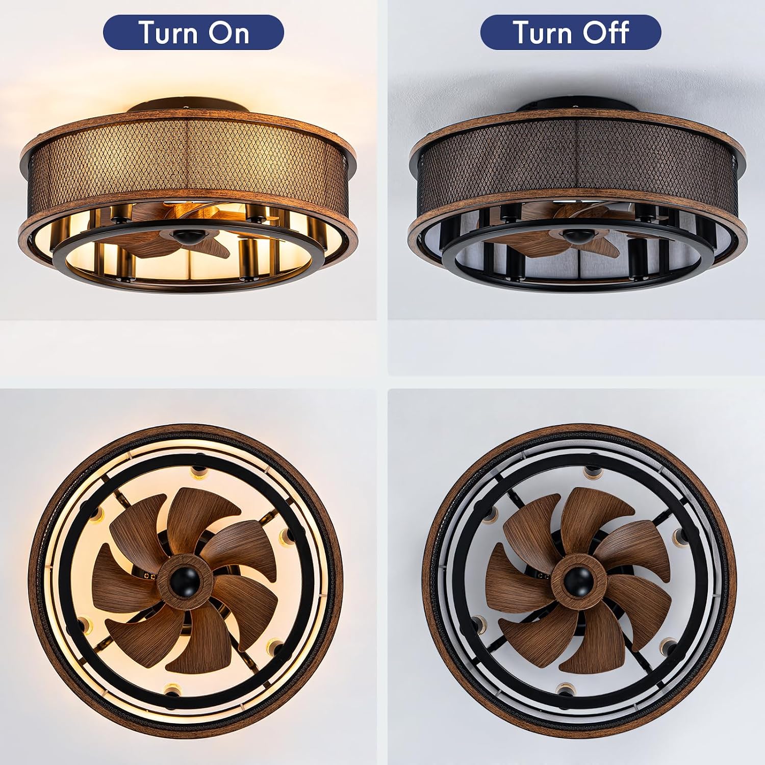 20 Inch Ceiling Fans with Lights, Flush Mount Ceiling Fan with 6 Speeds, Ultra Quiet Modern Fandelier for Bedroom, Living Room, Indoor,Ourdoor Use(Dark Walnut)