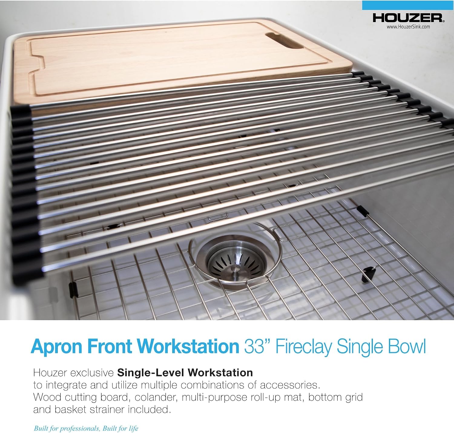 Houzer Aspire 33 inch Matte White Fireclay Farmhouse Apron Front Single Bowl Workstation Sink with Accessories - PTW-3320S MWH