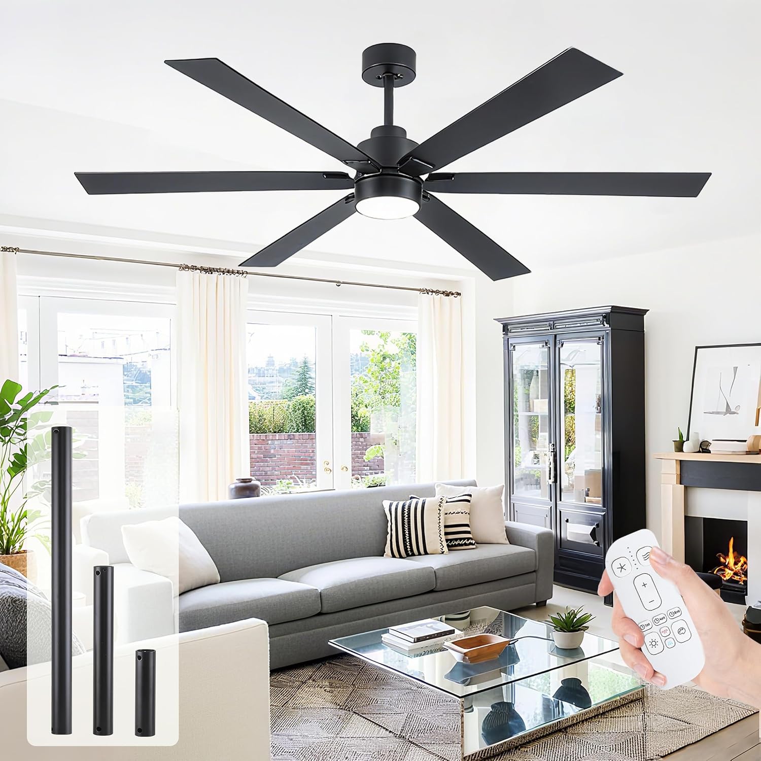 66 Inch Black Large Ceiling Fans with Lights and Remote, Damp Rated Outdoor Ceiling Fan for Patio with 3 Down Rods, Modern Reversible DC Fan for Indoor Living Room Farmhouse Porch Industrial