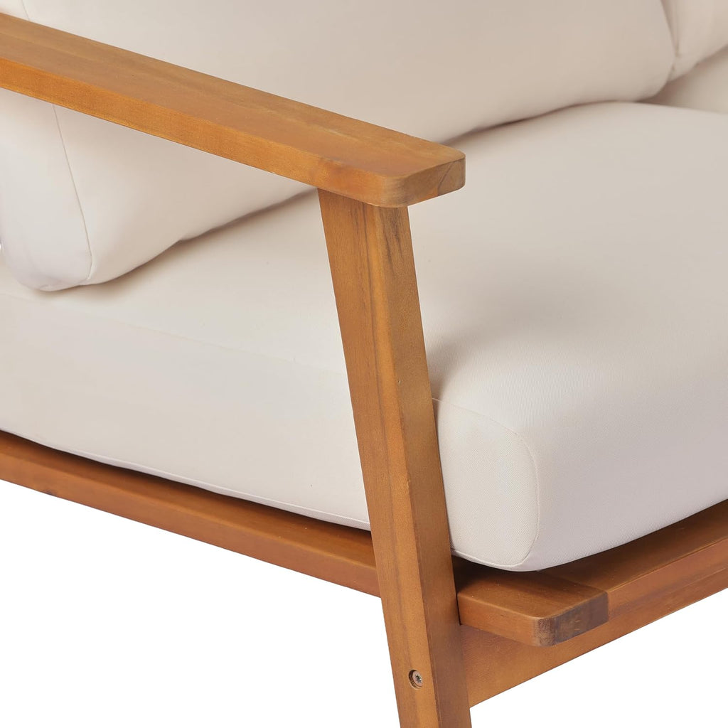 Christopher Knight Home Colmar 2 Pieces Conversation Set, Mid Century Patio Loveseat Sofa and Coffee Table, Outdoor Acacia Wood Loveseat and Table Set with Cushions in Slats Panels Design, Teak+ Beige