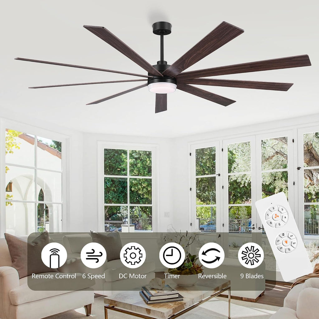 LEDLUX 84' Ceiling Fan with Light, 6-Speed Remote Control, Reversible DC Motor, Modern 9 Blades with 4.5'/12'/24' Downrods for Home or Commercial Black/Walnut