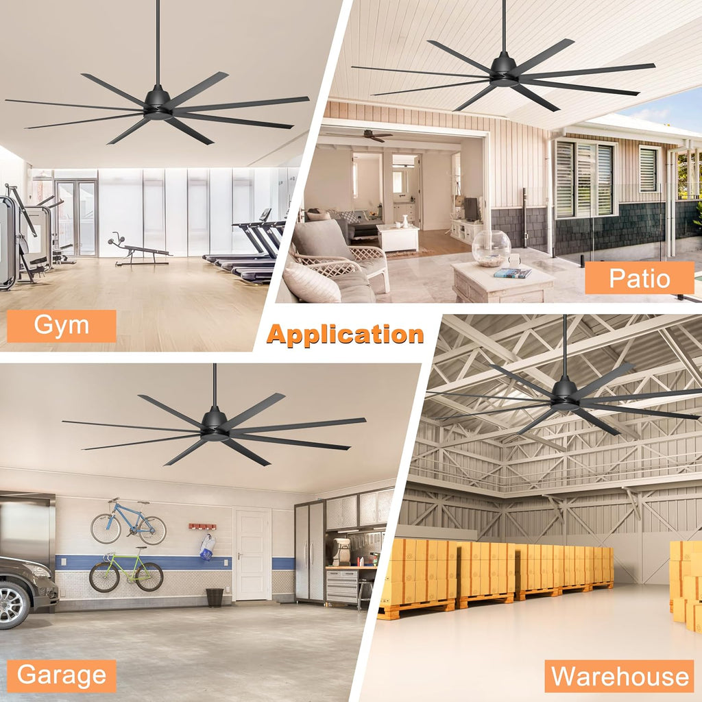 96' Industrial Ceiling Fan No Light, Large Ceiling Fan with Remote/APP Control, Outdoor Ceiling Fans with 8 Blades, DC motor for Commercial Shop Garage Warehouse Black Without Light