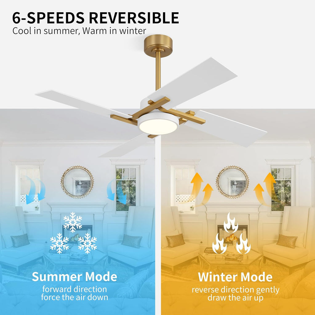 WINGBO 48 Inch Ceiling Fan with Light and Remote, 4 Plywood Blades, 6-Speed Reversible DC Motor, Dimmable, 3CCT, Farmhouse Ceiling Fan for Bedroom Living Room Kitchen, Brass and White/Oak