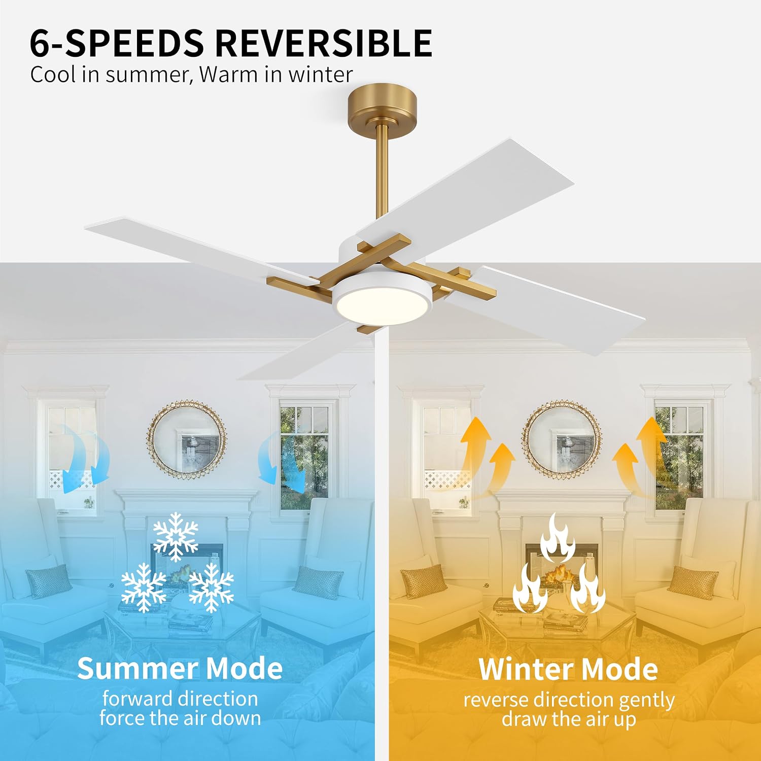 WINGBO 48 Inch Ceiling Fan with Light and Remote, 4 Plywood Blades, 6-Speed Reversible DC Motor, Dimmable, 3CCT, Farmhouse Ceiling Fan for Bedroom Living Room Kitchen, Brass and White/Oak
