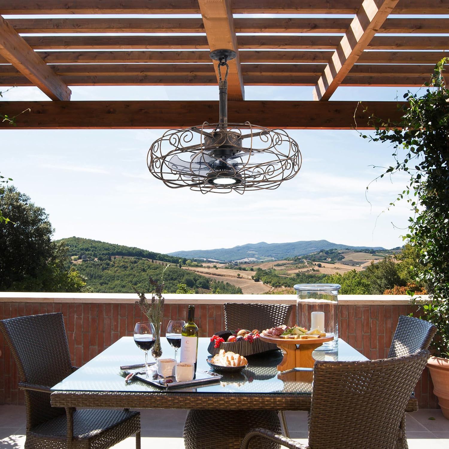 Outdoor Ceiling Fan for Gazebo 20',IP65 Waterproof Plug in Ceiling Fans with Lights and Remote/APP,3CCT 6-Speed Hanging Fan for Patios Porch Pergola(Bronze)