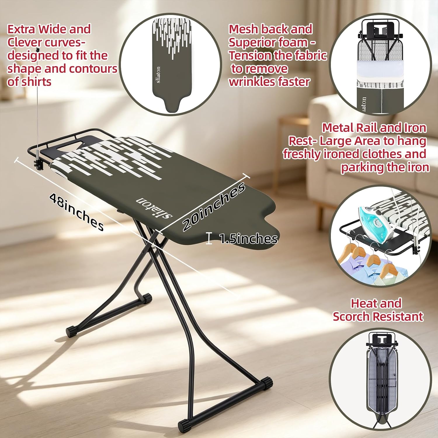 Extra Large Ironing Board with Hang Rail and Iron Rest 64' L x 20' W x 38' H (Large with Sliding Iron Rest)