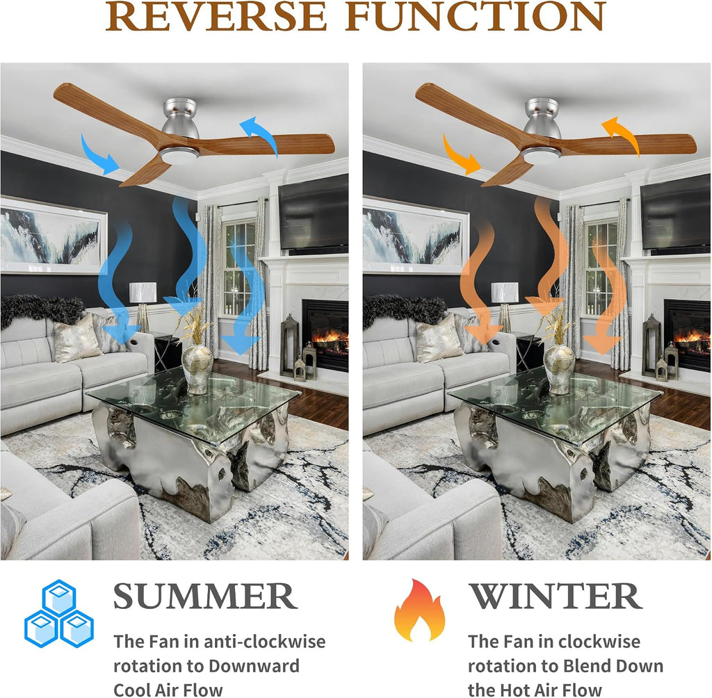 52' Smart Low Profile Ceiling Fans with Dimmable Lights Remote, Whisper-Quiet DC Motor,Outdoor Indoor Flush Mount Ceiling Fan,Control with WIFI Alexa App,3 Antique Solid Wood Blades,for Living Room
