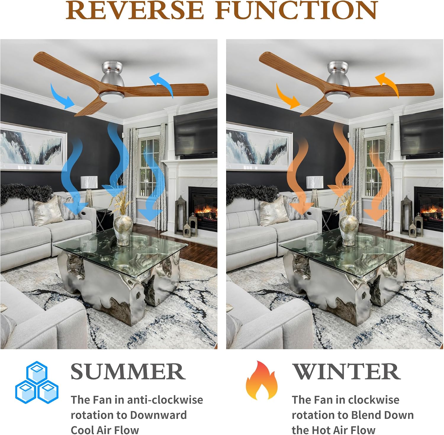52' Smart Low Profile Ceiling Fans with Dimmable Lights Remote, Whisper-Quiet DC Motor,Outdoor Indoor Flush Mount Ceiling Fan,Control with WIFI Alexa App,3 Antique Solid Wood Blades,for Living Room
