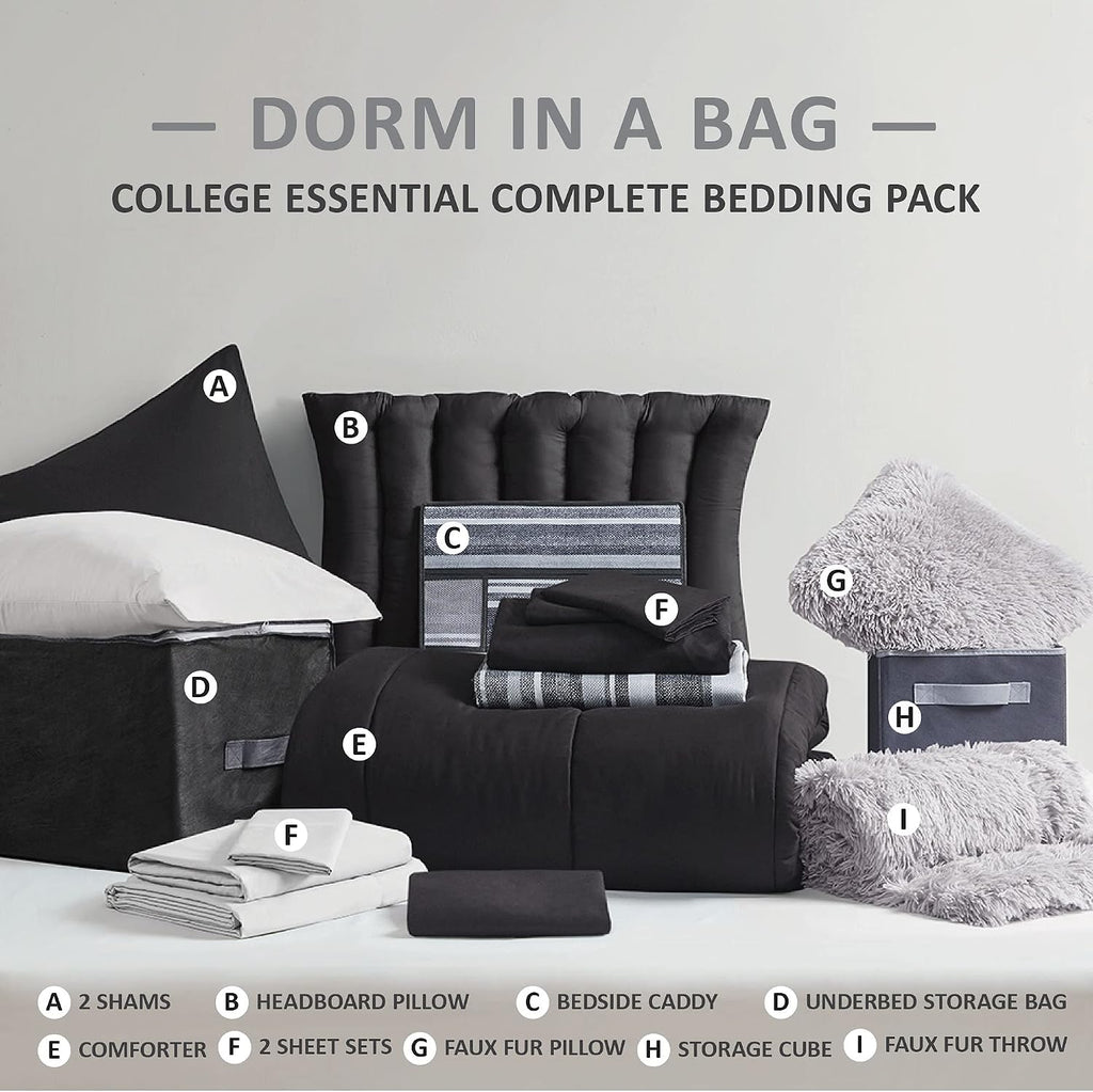 Comfort Spaces 17 Piece Bed in A Bag Comforter Set Include Sheets with 2 Side Pockets - All Season Cozy Bedding and Bedroom Organizer, College Dorm Room Essentials, Queen, Vincent, Black
