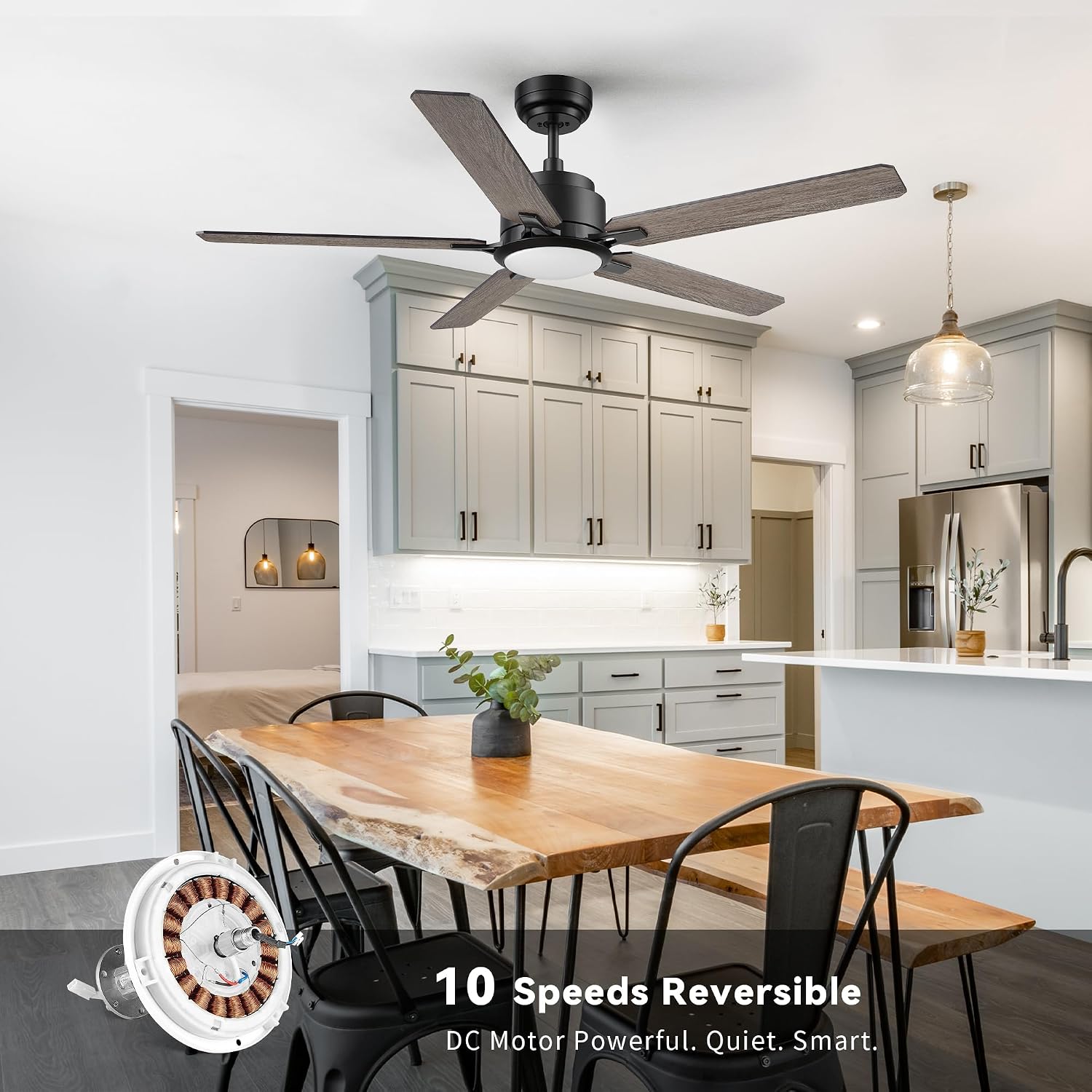 SMAFAN 52' Smart Low Profile Ceiling Fan With Lights, 10 Speeds Silent DC Motor, Farmhouse Ceiling Fan Compatible with Alexa, Siri, Google & Smart App, Indoor & Outdoor, Wood & Dark Walnut