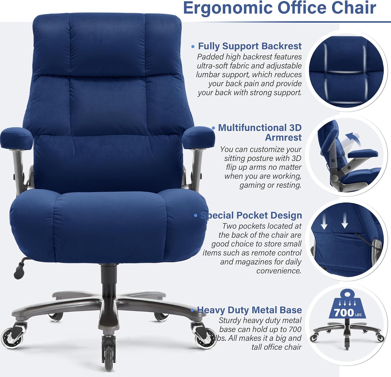 Big and Tall Office Chair 700lbs- Executive Desk Chair with Adjustable Lumbar Support 3D Flip UP Arms- Heavy Duty Quiet Wheels Metal Base Ergonomic Computer Chairs, Blue