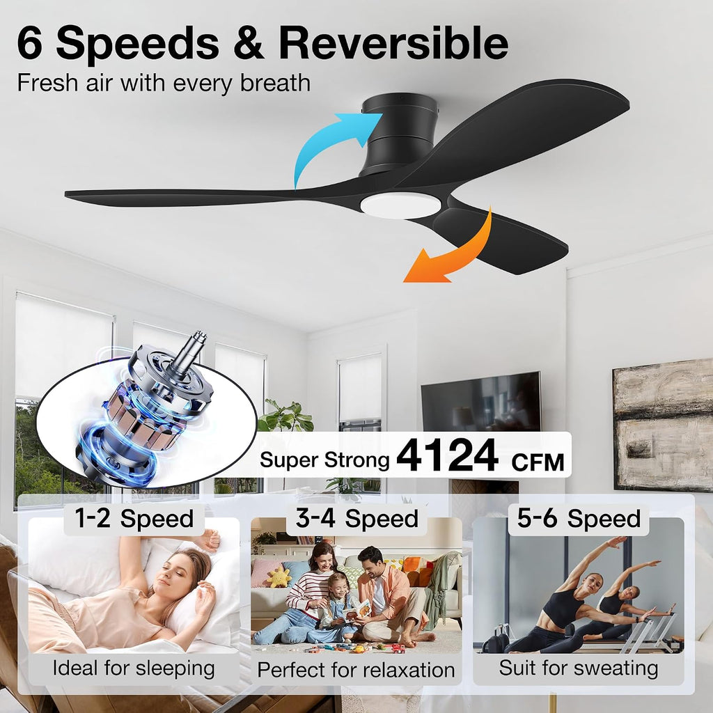 52 Inch Wood Ceiling Fans with Lights Remote,Low Profile Flush Mount Ceiling Fan with Light,Outdoor Indoor Modern Ceiling fan for Bedroom Living room Patio,Matte Black,3 Blades,Dimmable,Ultra-Quiet