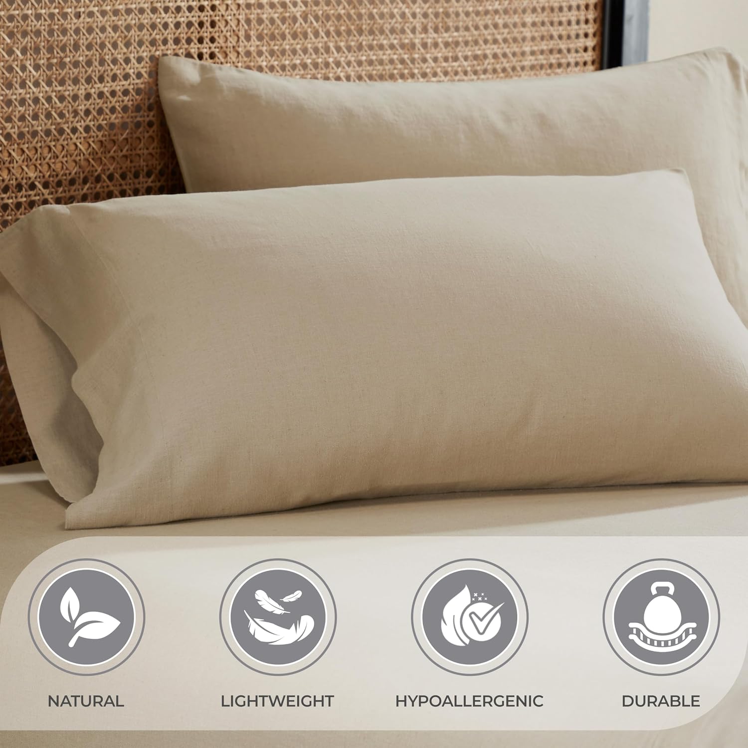 Superior Cotton Linen Blend Sheet Set, Bedsheets for Home Decor, Modern Solid Bedding Includes 1 Oversized Fitted Sheet, 1 Flat Sheet, 2 Pillowcases, Bedroom Essentials, Queen Size, Tan