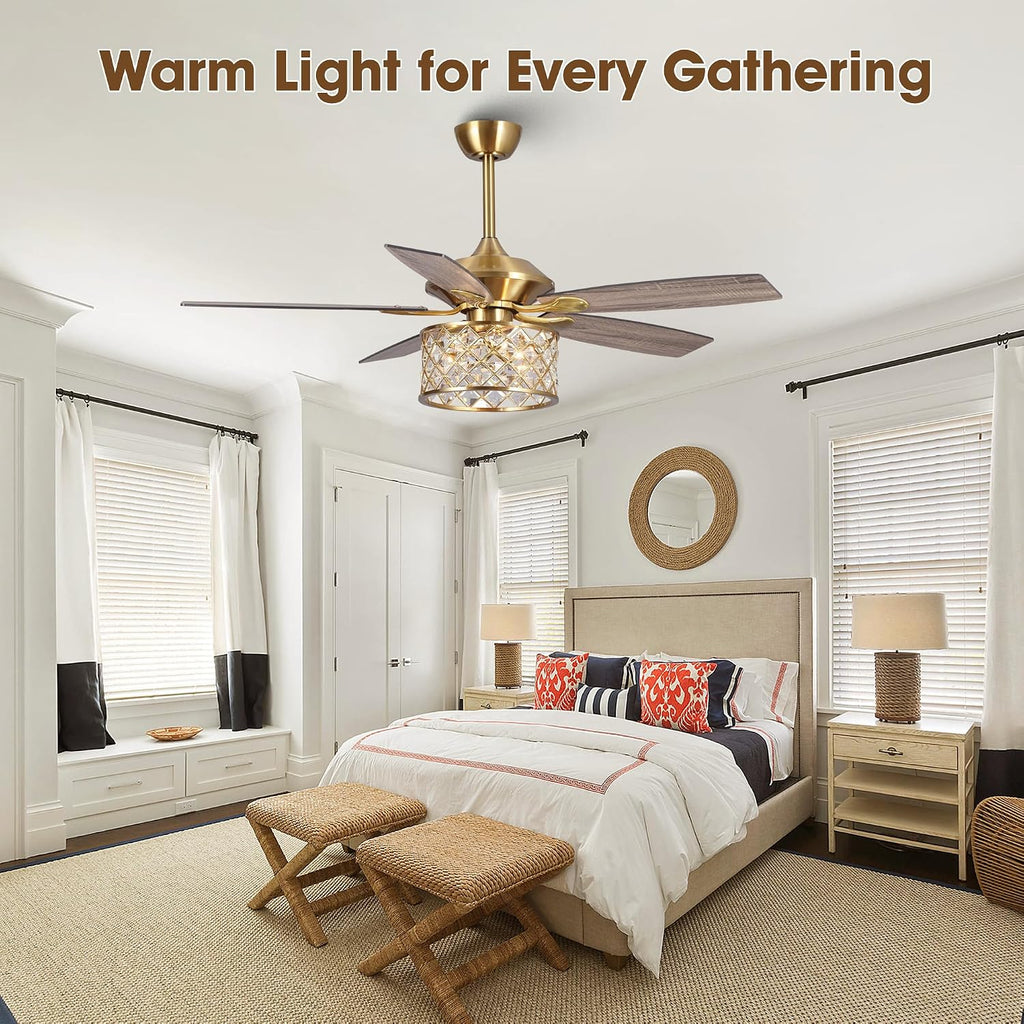 52' Crystal Ceiling Fan with Lights and Remote, Farmhouse Bronze Ceiling Fan, Reversible 5-Blade Ceiling Fan with E12 Light Kit, Rustic Glam Chandelier Fan for Bedroom Living Room Dining Room