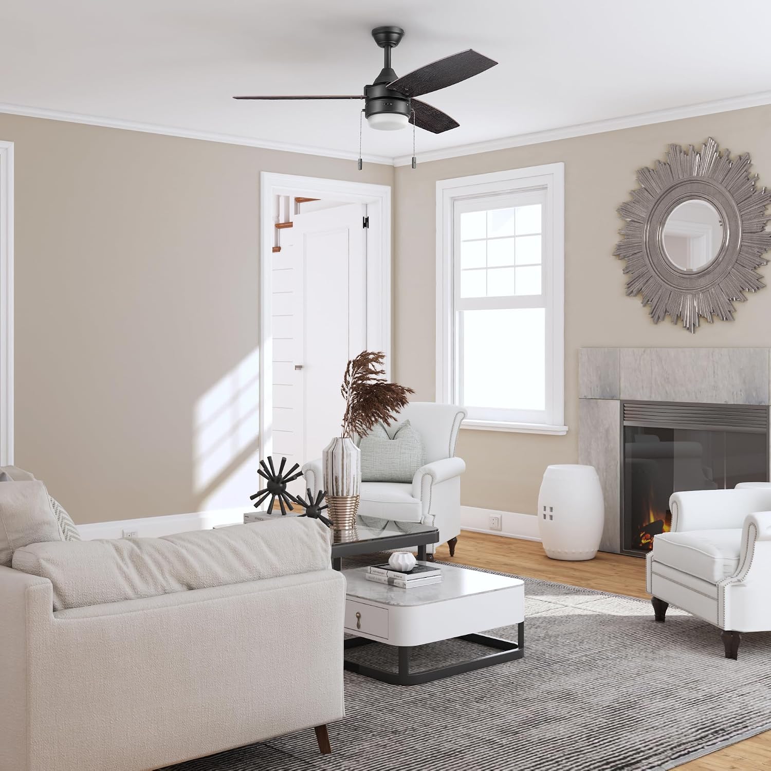 Honeywell Ceiling Fans Berryhill, 48 Inch Ceiling Fan with Color Changing LED Light, Pull Chain, Dual Mounting Options, 3 Dual Finish Blades, Reversible Airflow - 51858-01 (Matte Black)
