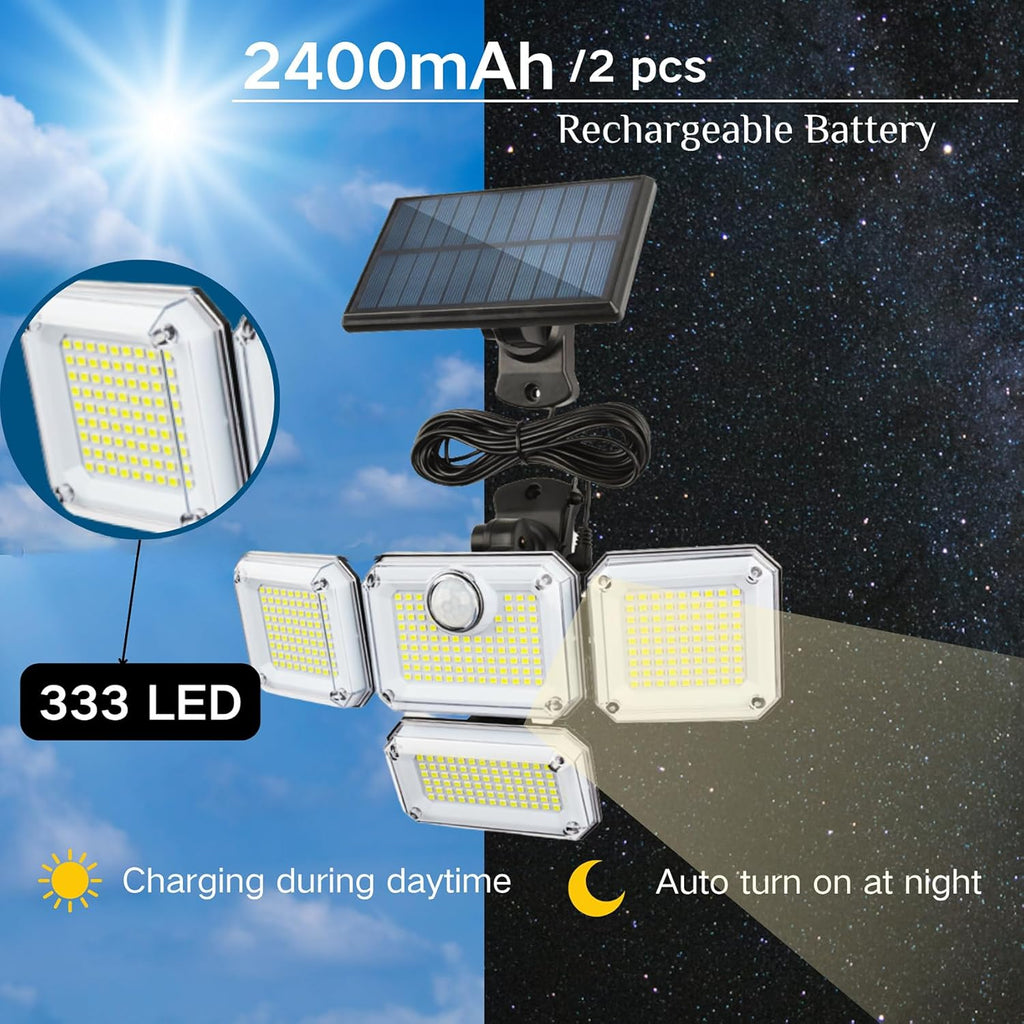 Solar Outdoor Lights with Motion Sensor,Solar Powered 4 Heads Security Lights,333 LED Flood Light 270° Wide Angle Flood Wall Lights with 3 Modes for Garden Patio Yard,IP65 Waterproof (4)