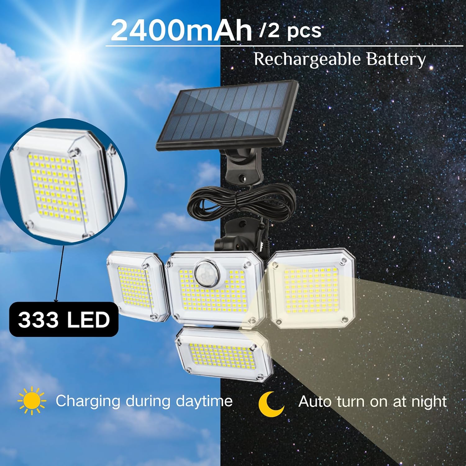 Solar Outdoor Lights with Motion Sensor,Solar Powered 4 Heads Security Lights,333 LED Flood Light 270° Wide Angle Flood Wall Lights with 3 Modes for Garden Patio Yard,IP65 Waterproof (4)