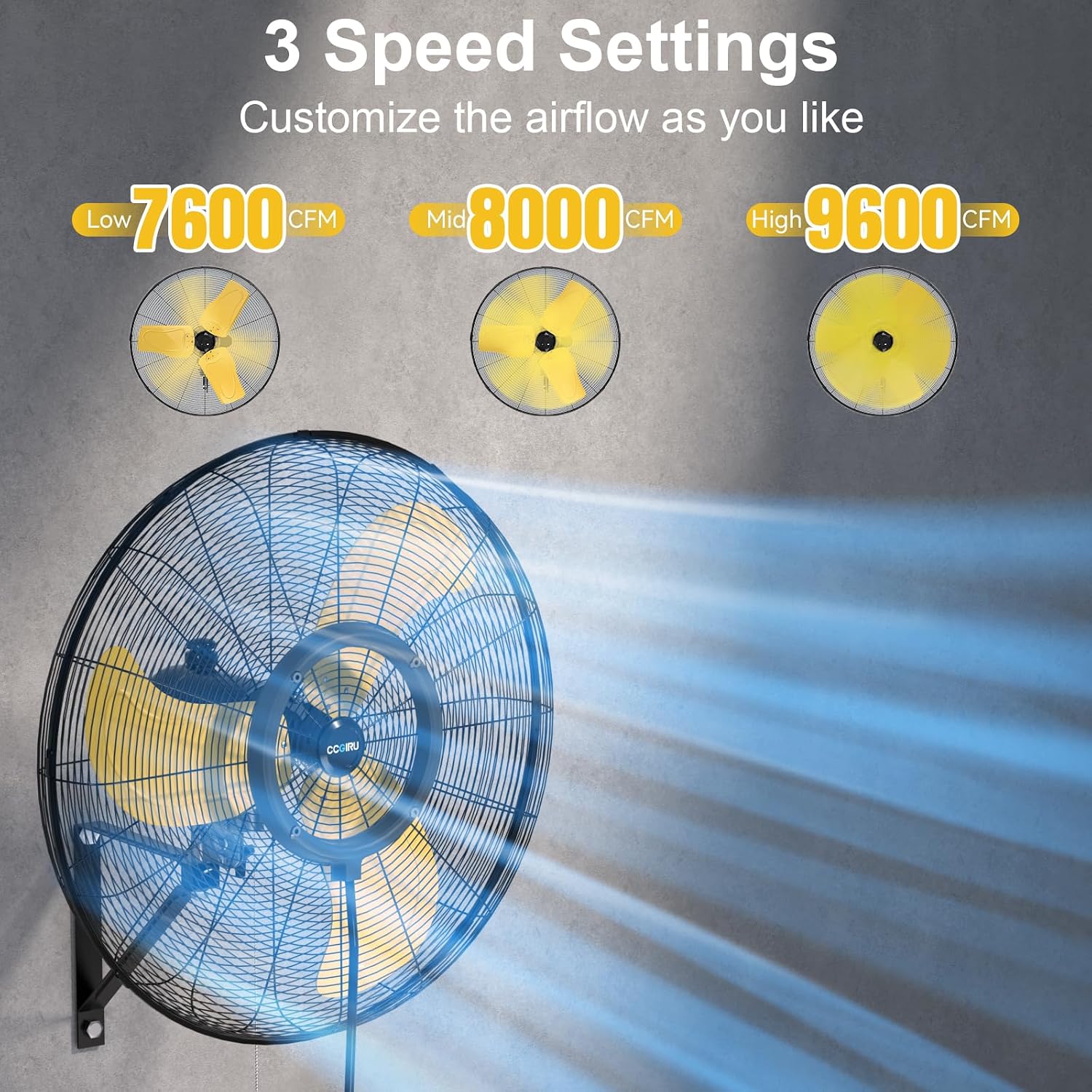 CCGIRU 9600 CFM 30' Outdoor Wall Mount Fans, High Velocity 3-Speed Waterproof Professional Oscillating Wall Fan, Heavy Duty Industrial Fan for Commercial, Garage, Warehouse, UL Listed