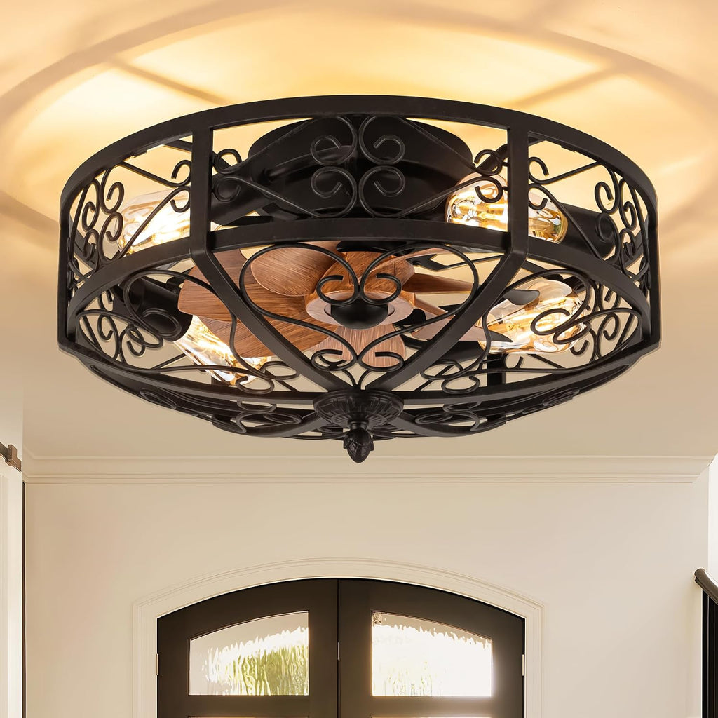 TIFEROR Vintage Ceiling Fan with Light, 20' Modern Enclosed Ceiling Fan with Remote Control, Low Profile Flush Mount for Hallway, Kitchen, Bedroom (Black, 5 E26 Bulbs Included)