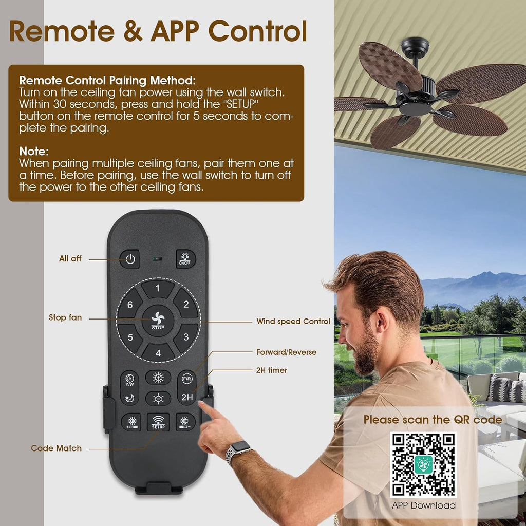 Wiviniya 50 Inch Tropical Ceiling Fan no Light, Palm Leaf Waterproof Outdoor Ceiling Fans for Patios Porch, Remote/APP Control, Wet Rated, 6 Speeds, Reversible Quiet DC Motor, Dark Brown