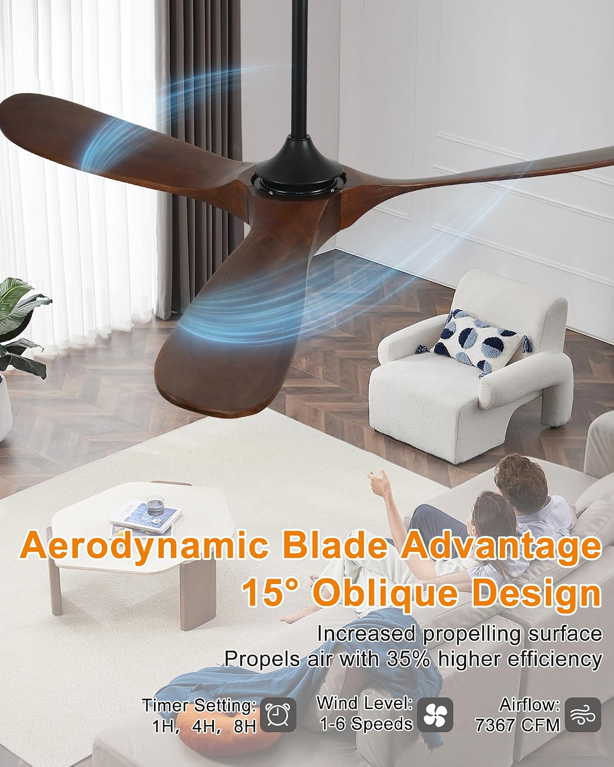 60' Wood Ceiling Fan no Light, Smart Ceiling Fans without Lights with Alexa Google App, Indoor Outdoor Ceiling Fan no Light for Bedroom Porch Modern Propeller 3 Blade High CFM Motor,Red Walnut