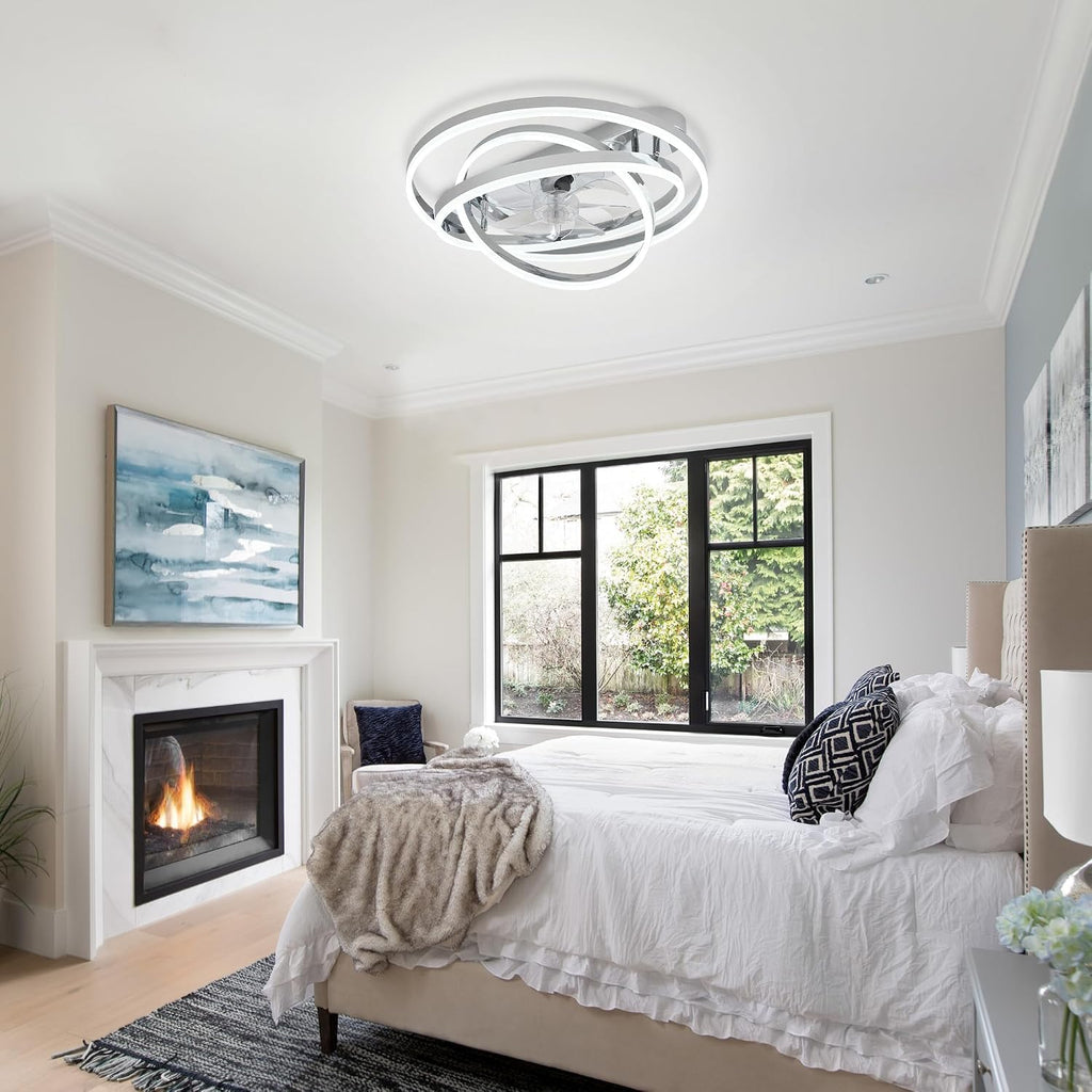 24' Modern Ceiling Fans with Lights and Remote Control,Reversible DC Motor,Dimmable,DIY Rings LED,Flush Mount Low Profile Ceiling Fan with Light for Living Room/Dining Room/Bedroom