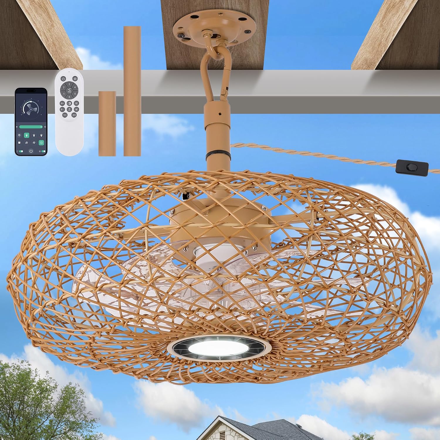 PAZALA 20' Outdoor Gazebo Fan with Light, Plug in Hanging Ceiling Fan for Covered Patio Pergola Porch, Remote & APP Control, 3CCT Dimmable LED, 6-Speed Reversible DC Motor, Brown Woven Caged Boho Fan