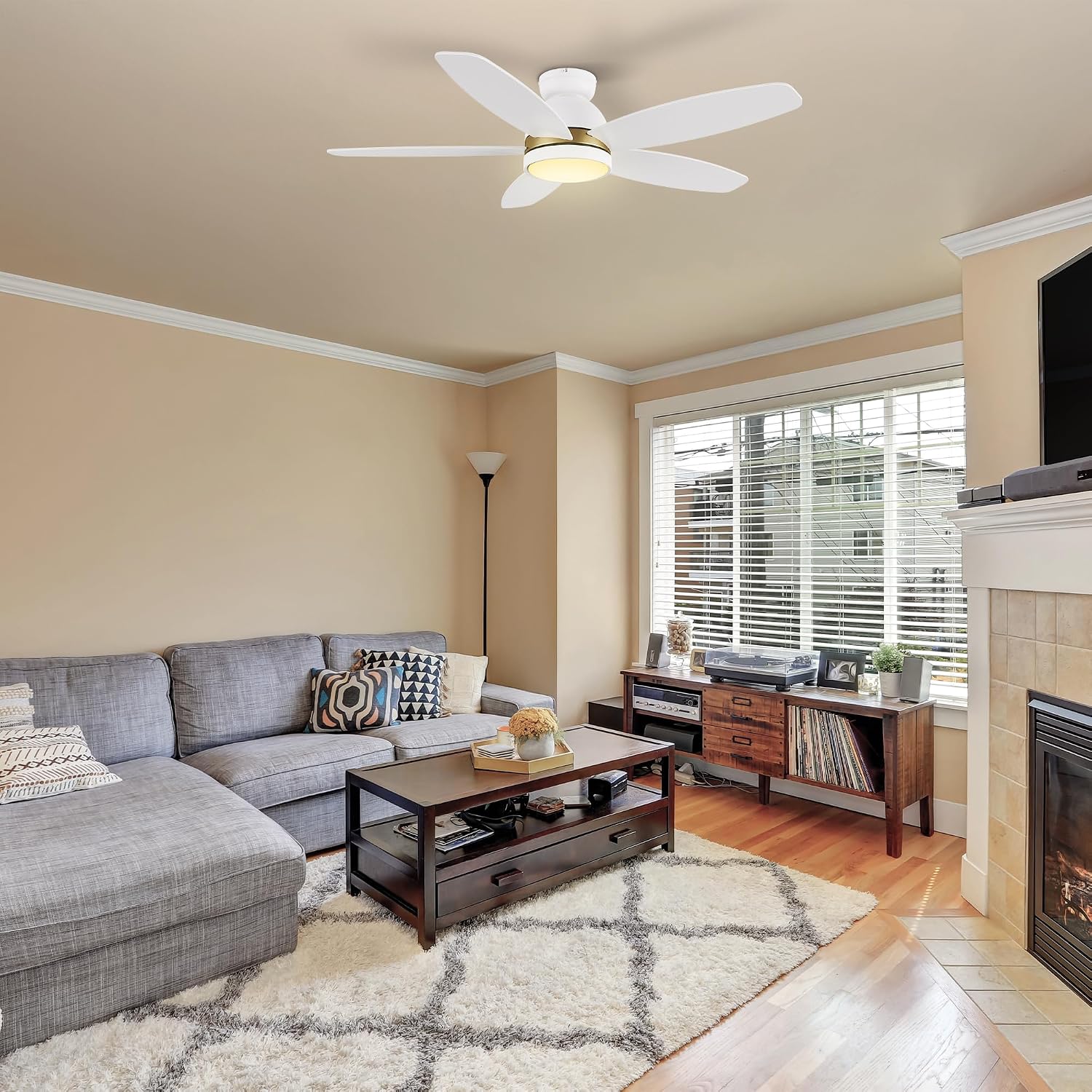 SMAAIR 48' Smart Ceiling Fan with Light, Low Profile Modern Ceiling Fan with Remote/APP/Voice Control via Alexa/Google Assistant/Siri,10 Speed, Flush Mount, Reversible DC Motor,5 Plywood Blades, White