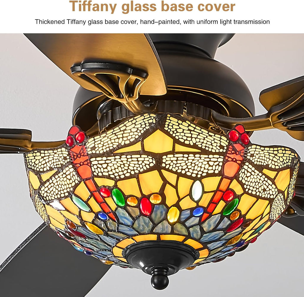 Tiffany Ceiling Fans with Lights - 52' Ceiling Fan Chandelier with 5 Dual-Blades and Glass Shade, 6 Speeds and Reversible, Indoor and Outdoor, Retro Style