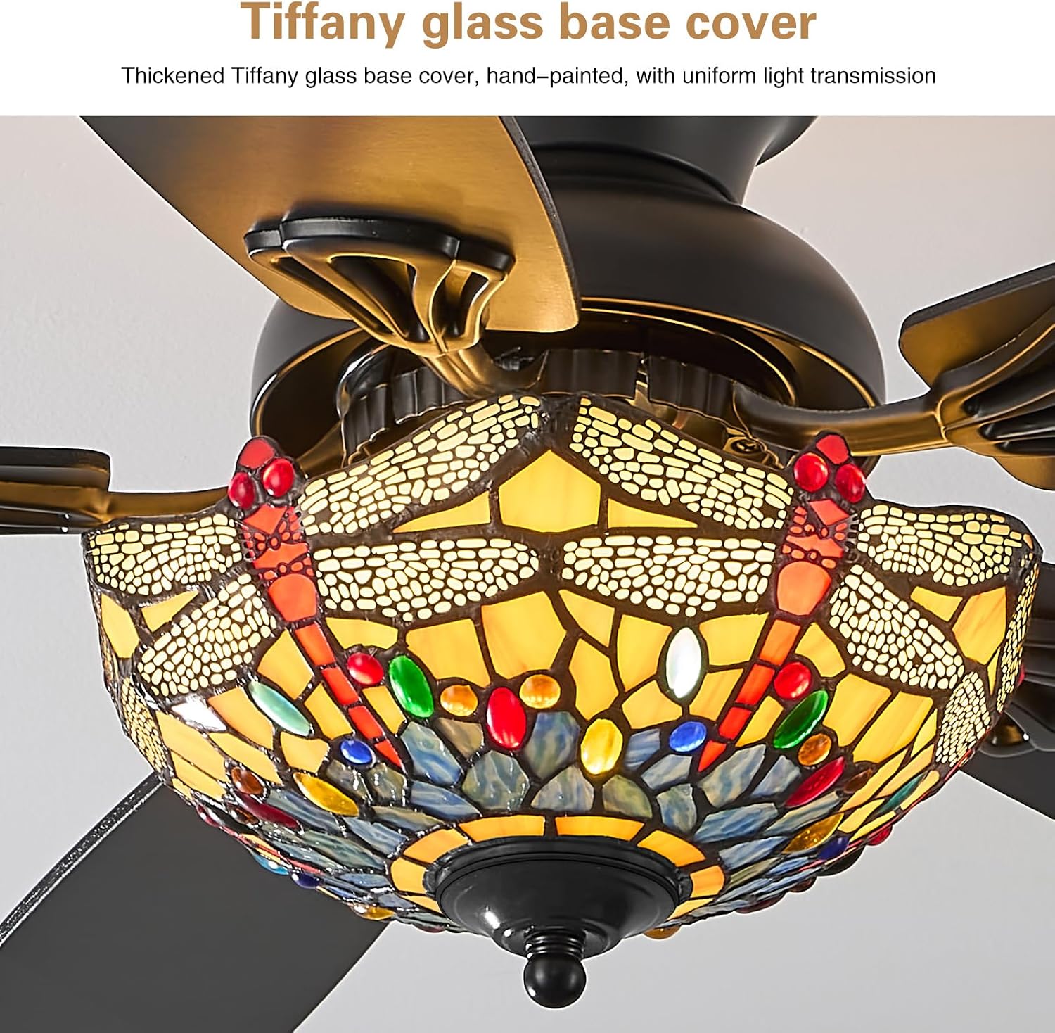Tiffany Ceiling Fans with Lights - 52' Ceiling Fan Chandelier with 5 Dual-Blades and Glass Shade, 6 Speeds and Reversible, Indoor and Outdoor, Retro Style