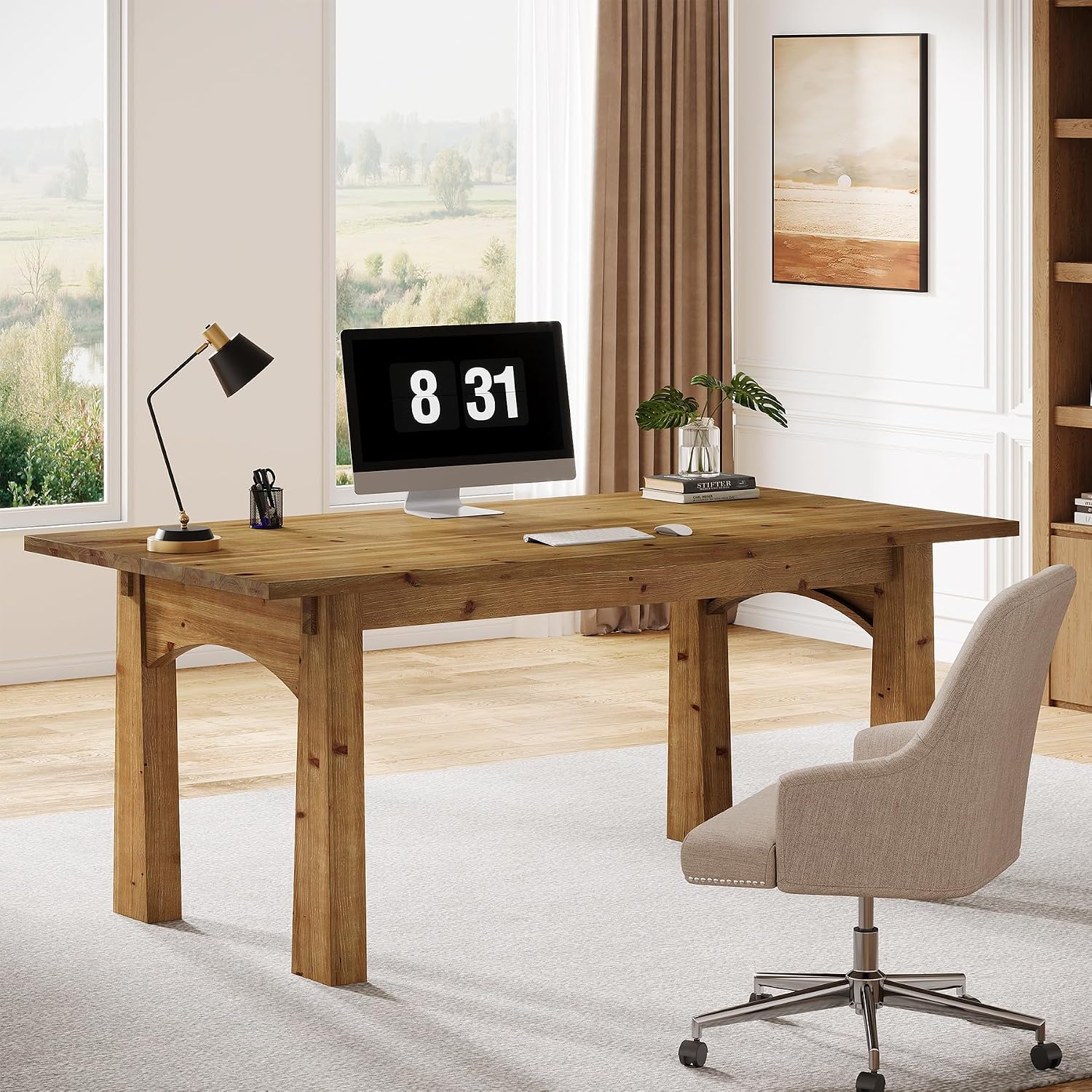 Solid Wood Executive Desk, 63-Inch Computer Desk with Sturdy Wooden Legs, Farmhouse Workstations Writing Table Conference Table Business Furniture for Home Office