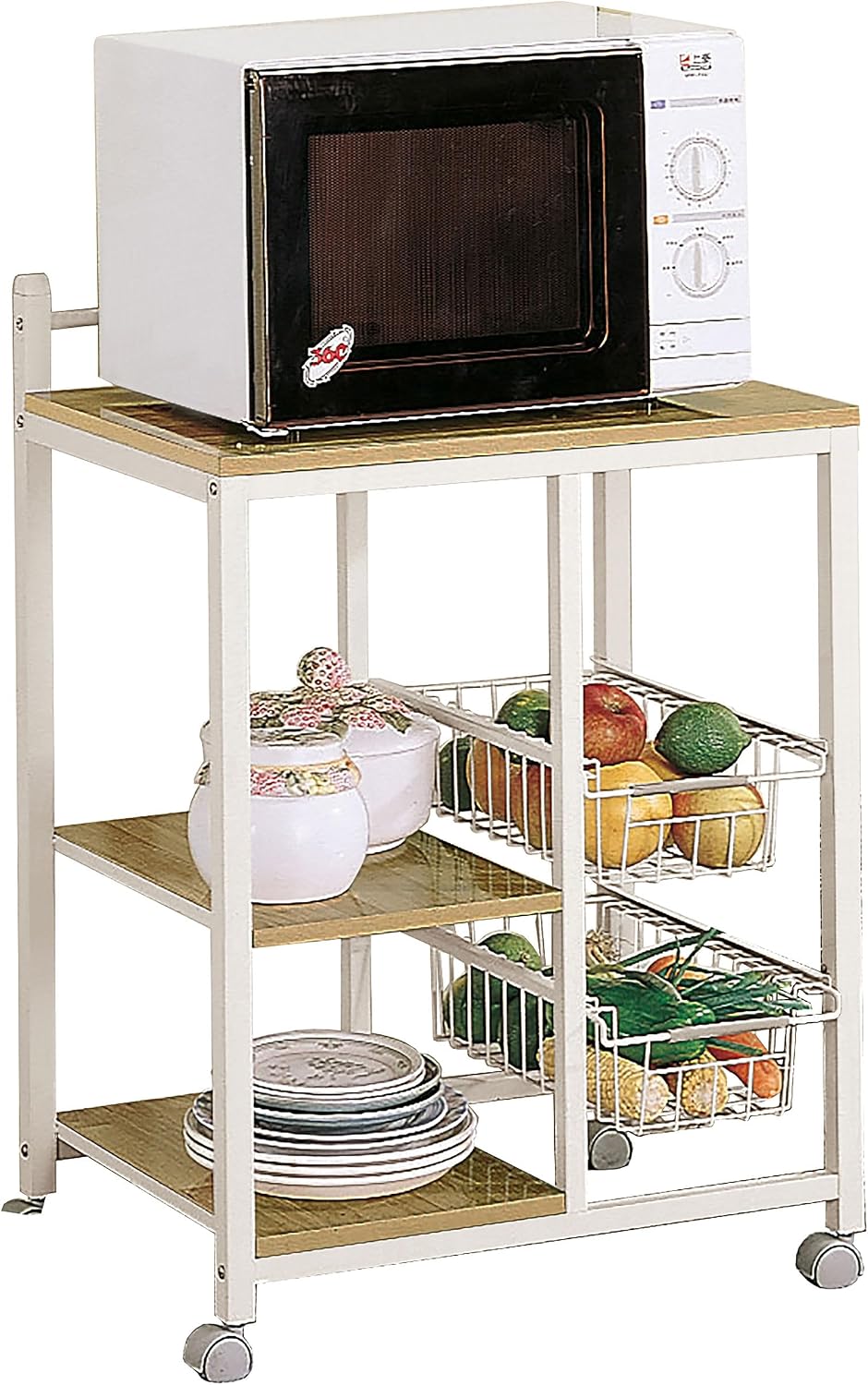 Coaster Home Furnishings - Kelvin - Wood & Metal - 2-Shelf Mobile Kitchen Cart - Contemporary Style, Butcher Block Top, Duplex-Type Storage, Wire Baskets - Dining Room - Natural Brown & White - 2506
