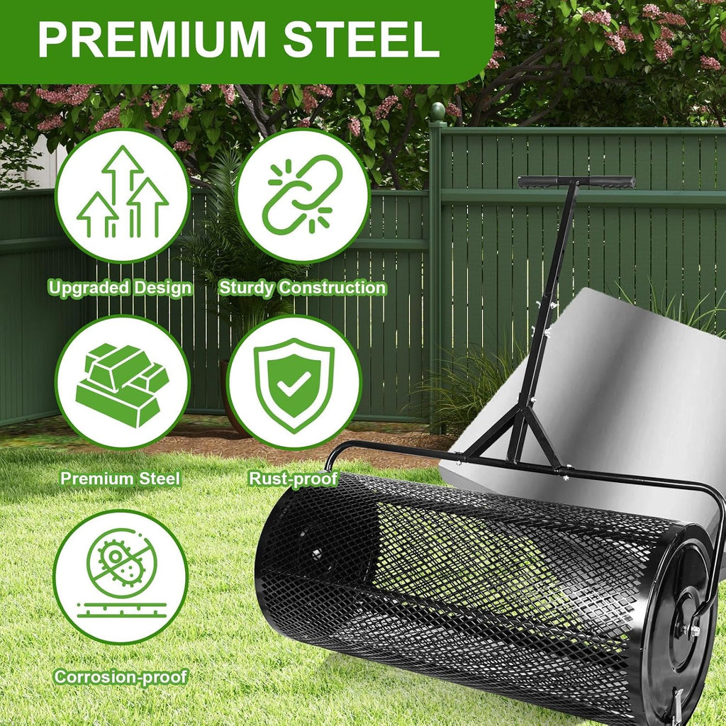 MAKEATREE 36 Inch Compost Spreader and Peat Moss Spreader, 36' Lawn Top Soil Spreader with Height Adjustable T Shaped Handle, Steel Mesh Basket Garden Spreader for Spreading Manure Topsoil, Black