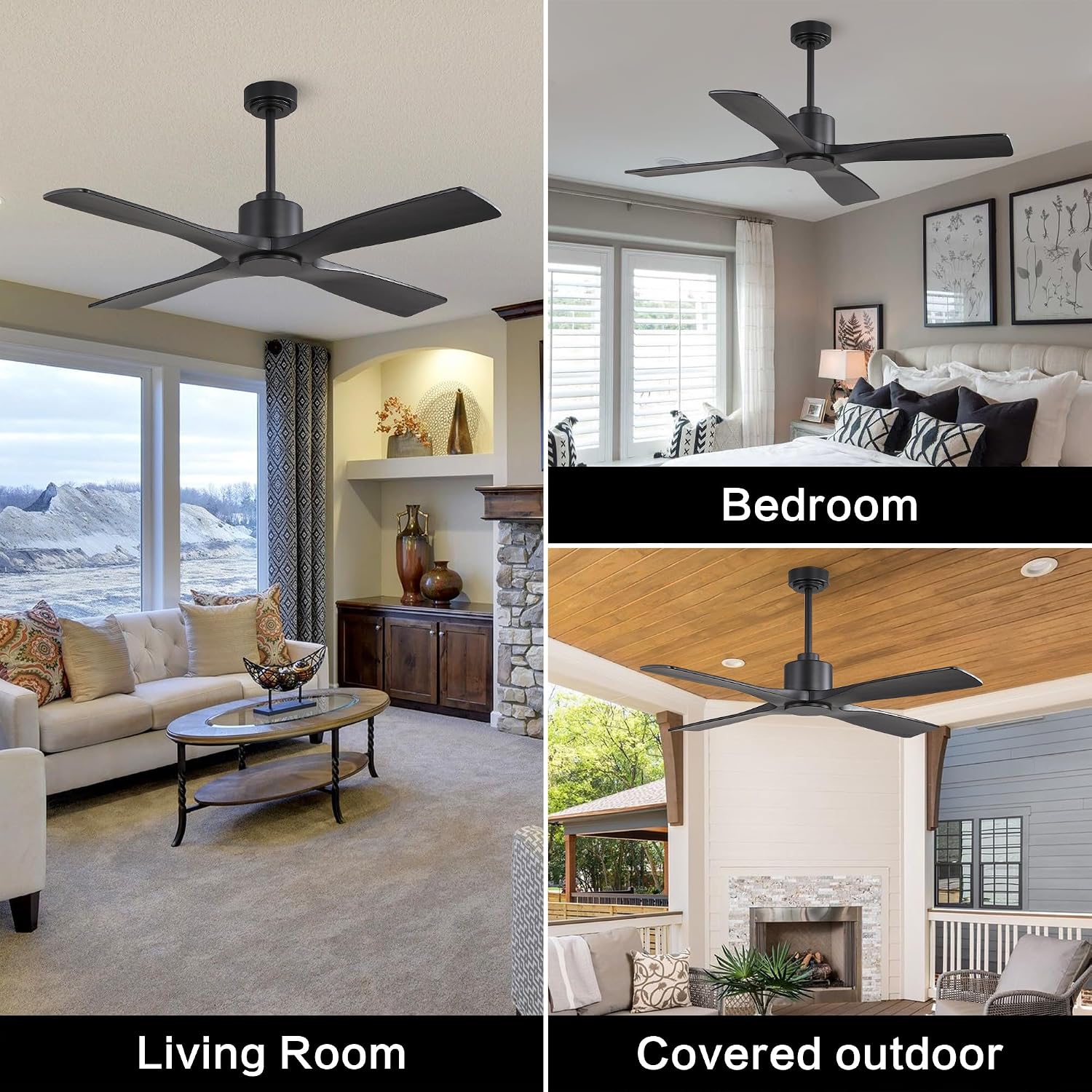WINGBO 48' DC Ceiling Fan without Lights, 4 Carved Solid Wood Blades, 6-Speed Noiseless Reversible DC Motor, Modern Ceiling Fan No Light with Remote, Matte Black Finish with Black Blades, ETL Listed