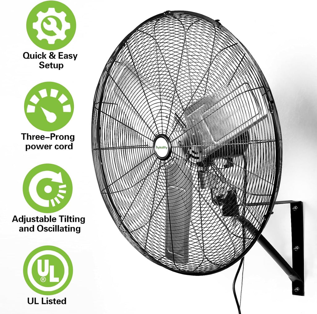 hykolity 30 in. High Velocity Industrial Wall Fan, 9500 CFM 3-Speed Wall Mount Oscillating Fan, Heavy Duty Shop fan for Garage, Warehouse, Workshops, Commercial and Factory, UL Listed