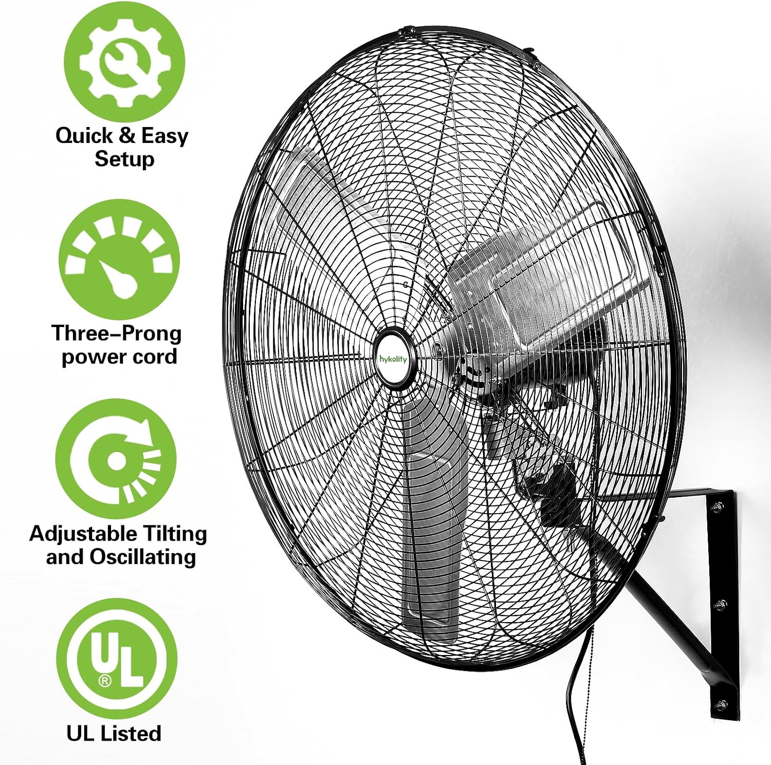 hykolity 30 in. High Velocity Industrial Wall Fan, 9500 CFM 3-Speed Wall Mount Oscillating Fan, Heavy Duty Shop fan for Garage, Warehouse, Workshops, Commercial and Factory, UL Listed