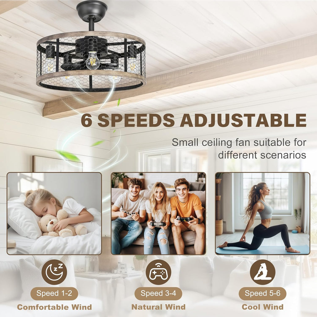 Ohniyou 20'' Caged Rustic Farmhouse Ceiling Fan with Lights Remote Control, Reversible Motor, 6 Speeds Ceiling Fan Light Fixture for Dining Room Bedroom