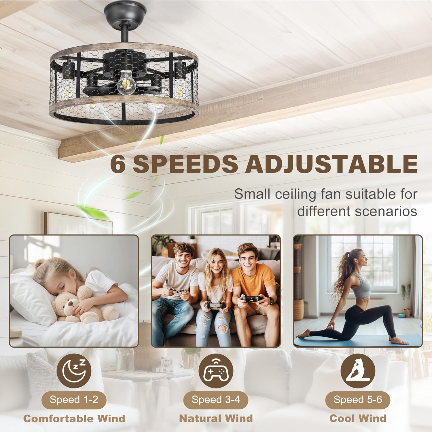 Ohniyou 20'' Caged Rustic Farmhouse Ceiling Fan with Lights Remote Control, Reversible Motor, 6 Speeds Ceiling Fan Light Fixture for Dining Room Bedroom