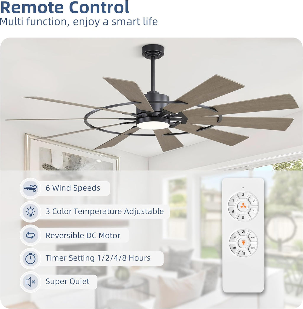 WINGBO 72' Windmill Ceiling Fan with Lights, 3 Downrod, 6-Speed Reversible DC Motor, 3CCT, 10 Blade Indoor Farmhouse DC Ceiling Fans for Kitchen Bedroom Living Room Patio, Matte Black and Grey