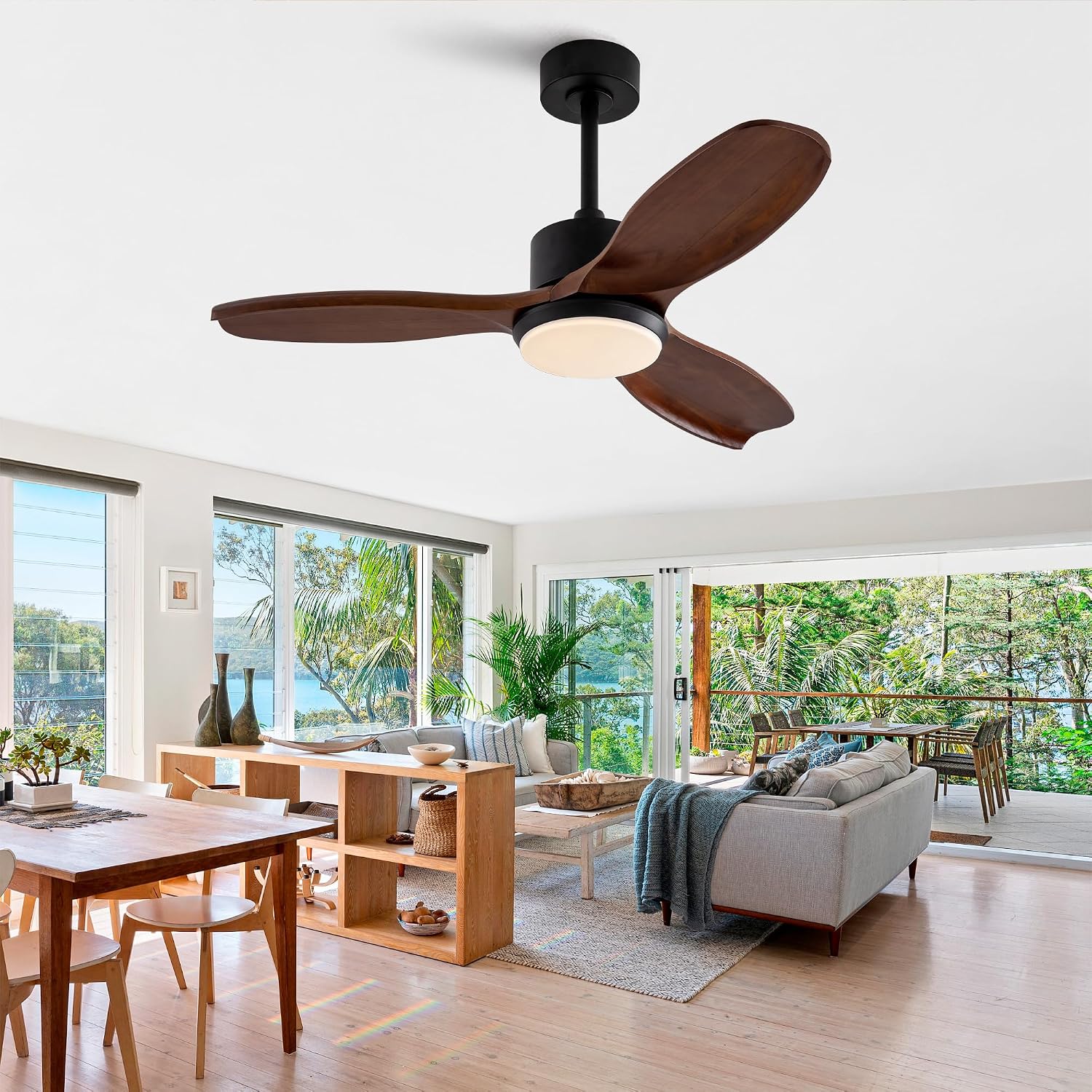 42' Wood Ceiling Fan with Lights Remote Control,Quiet DC Motor 3 Blade Ceiling Fans for Patio Living Room, Bedroom, Office,Indoor Outdoor(Black+Dark Walnut)