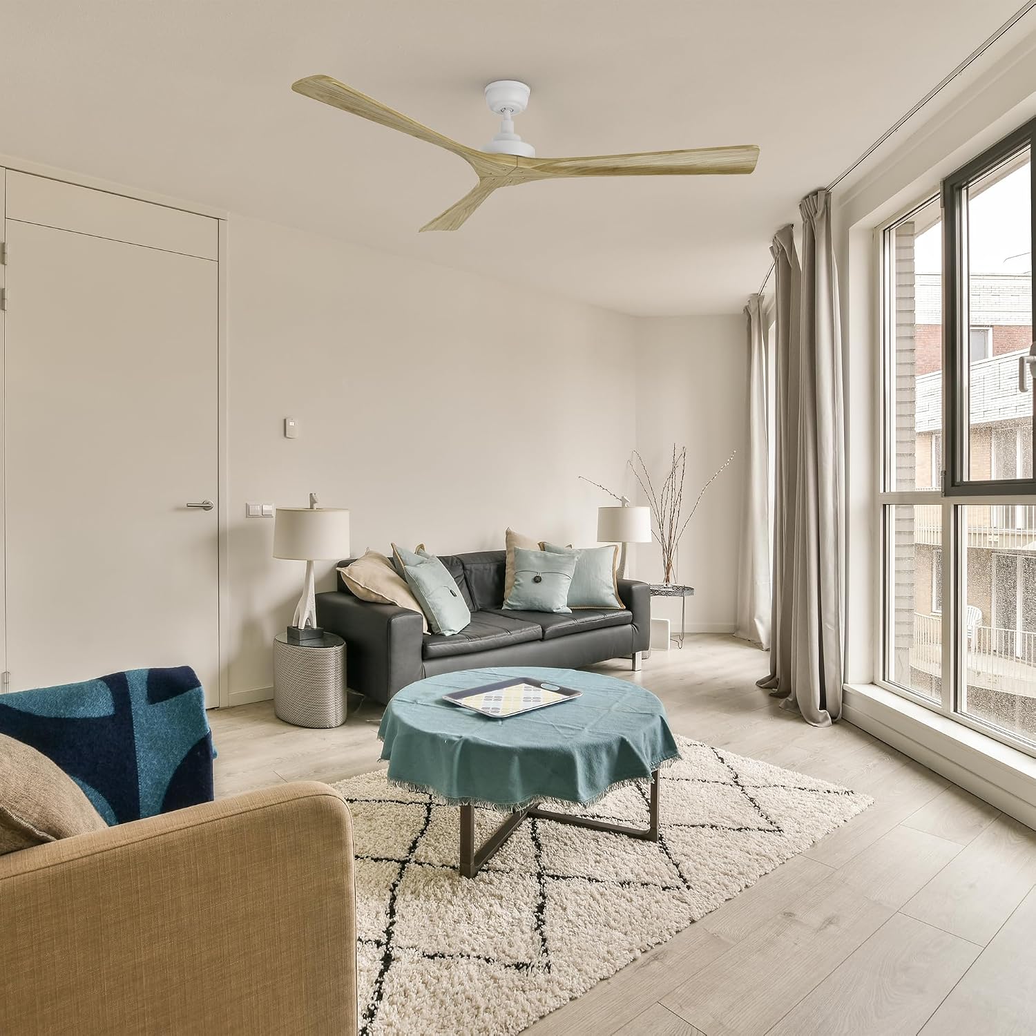 SMAAIR Ceiling Fans No Light and Remote for Bedroom, 60' Low Profile Modern Ceiling Fan without Light, Solid Wood, 10 Speed, 3 Blades, Dimmable, DC Motor, Indoor Use,Wooden/White