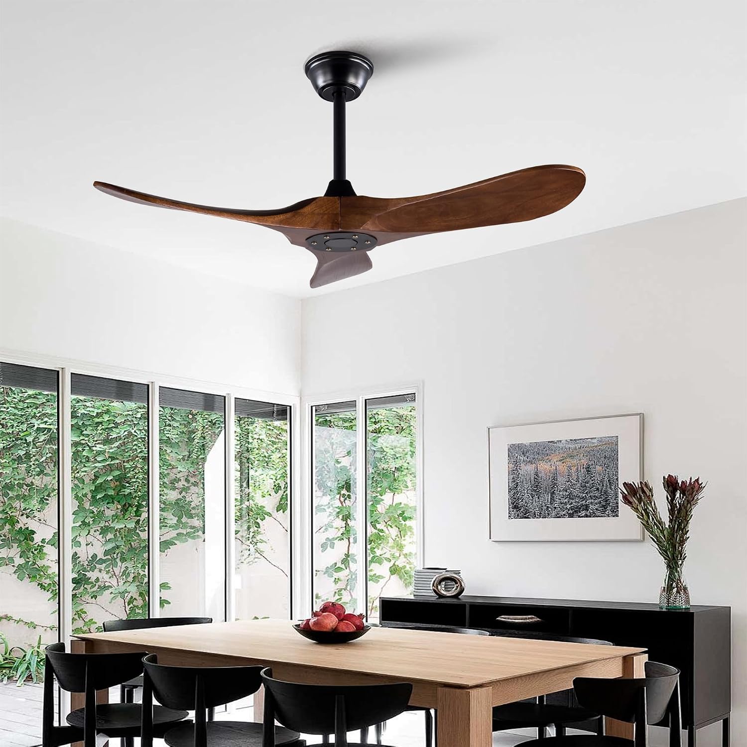 42' Solid Wood Ceiling Fan, Outdoor, 3 Blade, No Light, Walnut, for Patio Living Room Bedroom Porch, Remote Control, Water Resistant