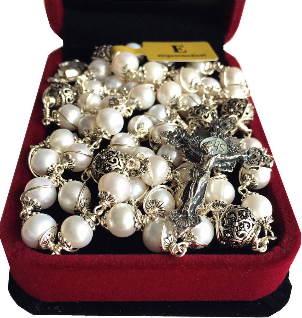 elegantmedical Wire Wraped Bali 925 Sterling Silver Pearl Beads Rosary Necklace Cross