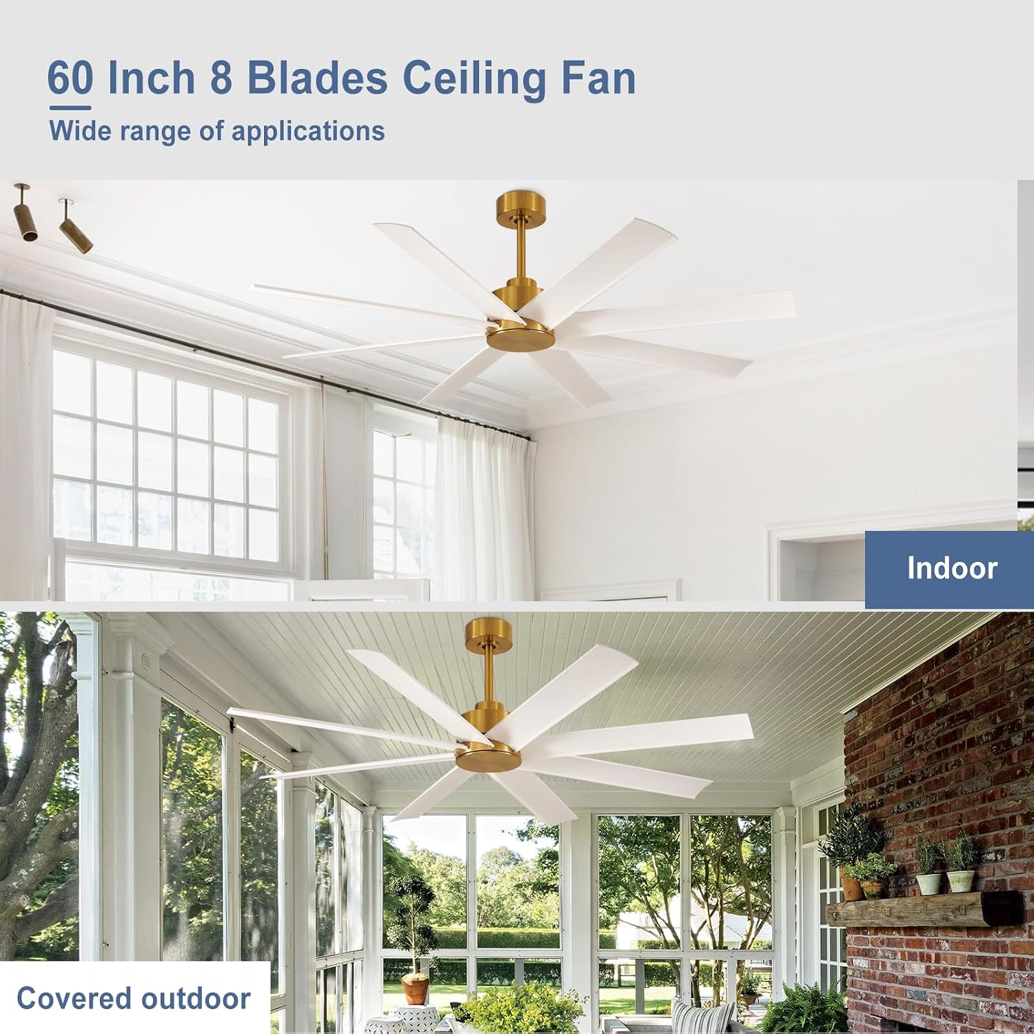 Farmhouse Ceiling Fan with Remote: 60' White and Gold 8-Blade 5-Speed Reversible DC Motor - Large Indoor/Outdoor Fan