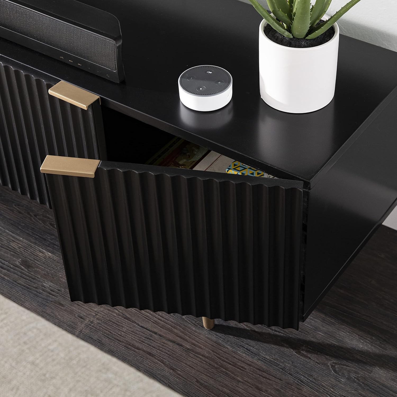 SEI Furniture - Pilston 4-Door Media Console - Black - Transitional Design, Black Iron and Wood - Ideal for Living Room, Family Room (MS1222156)