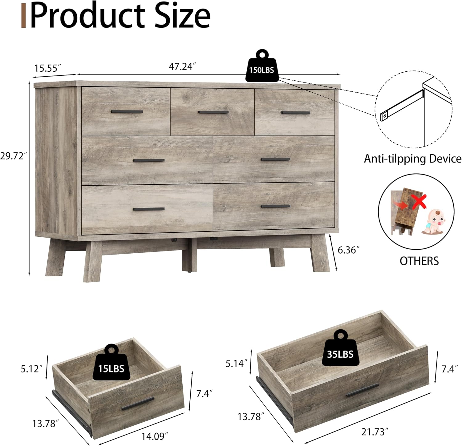Xixini Dresser for Bedroom with 7 Drawer, Wood Modern Chest of Drawers with X-Shaped Sturdy Base, Wide Double Dresser Closet Clothes Storage Organizer, Wooden TV Stand for Living Room, Hallway, Grey
